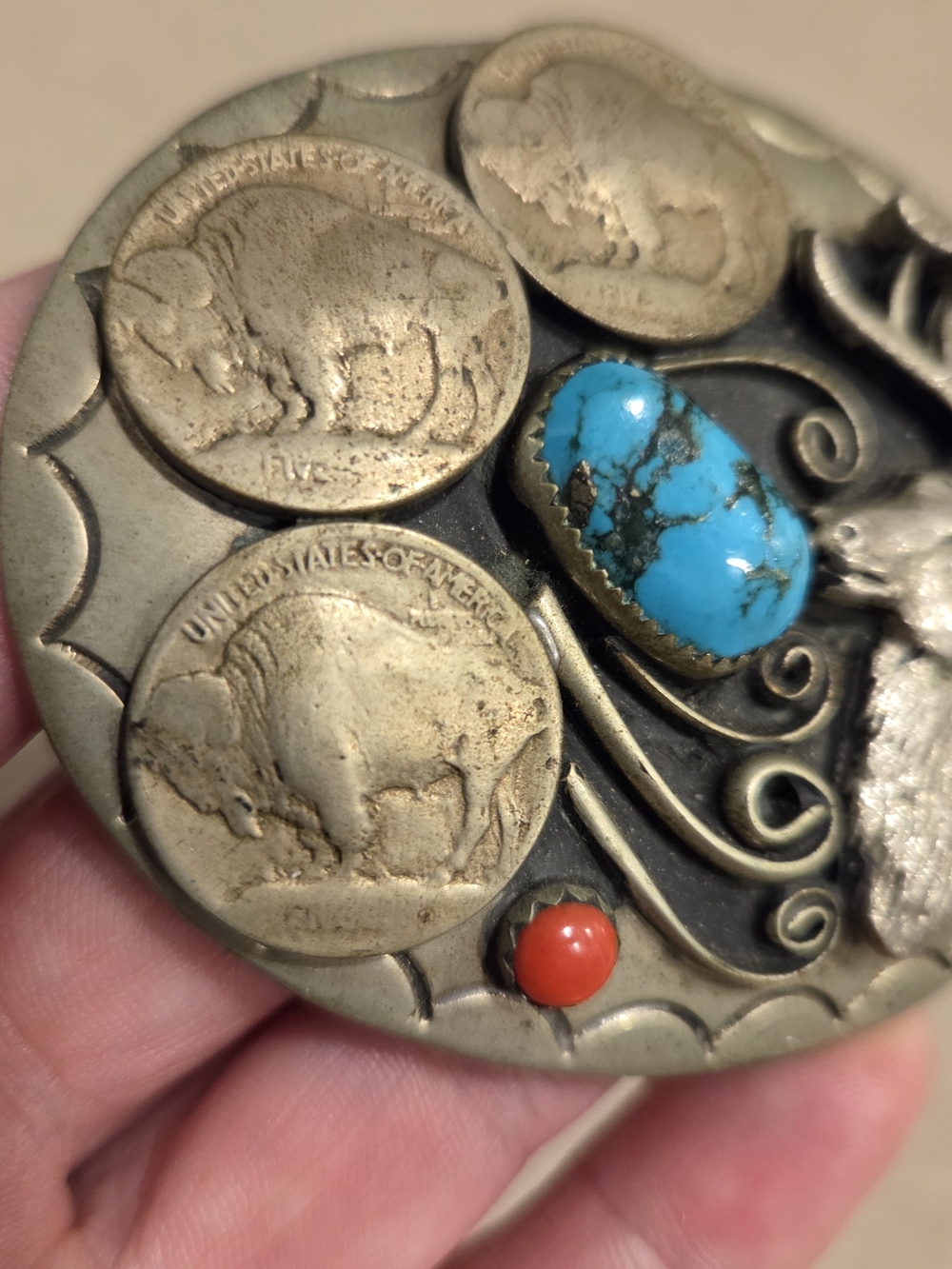 Vintage Navajo Silver Turquoise & Coral Belt Buckle By, Squaw Wrap - Picture 2 of 11
